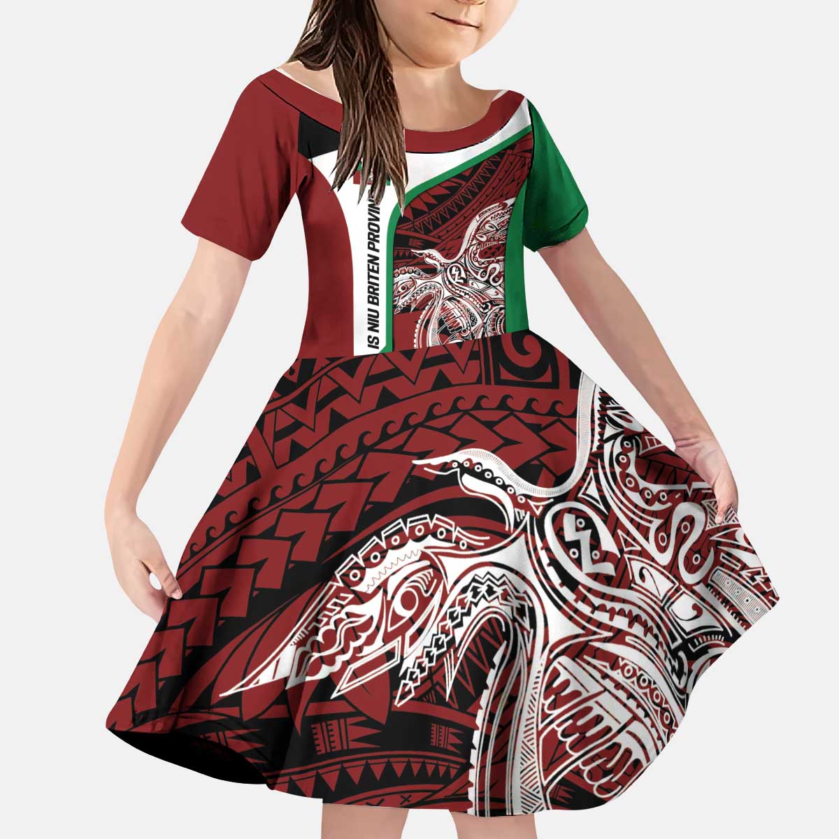 Personalised PNG East New Britain Province Kid Short Sleeve Dress Bird of Paradise Tattoo Flag Motif LT9 KID Green - Polynesian Pride