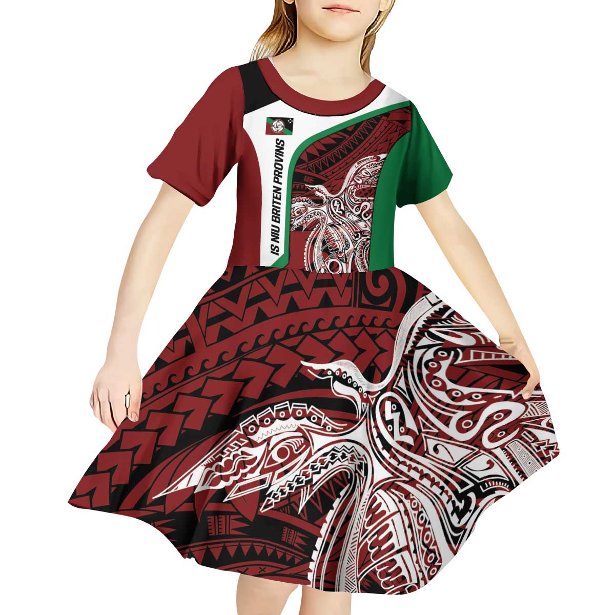 Personalised PNG East New Britain Province Kid Short Sleeve Dress Bird of Paradise Tattoo Flag Motif LT9 - Polynesian Pride