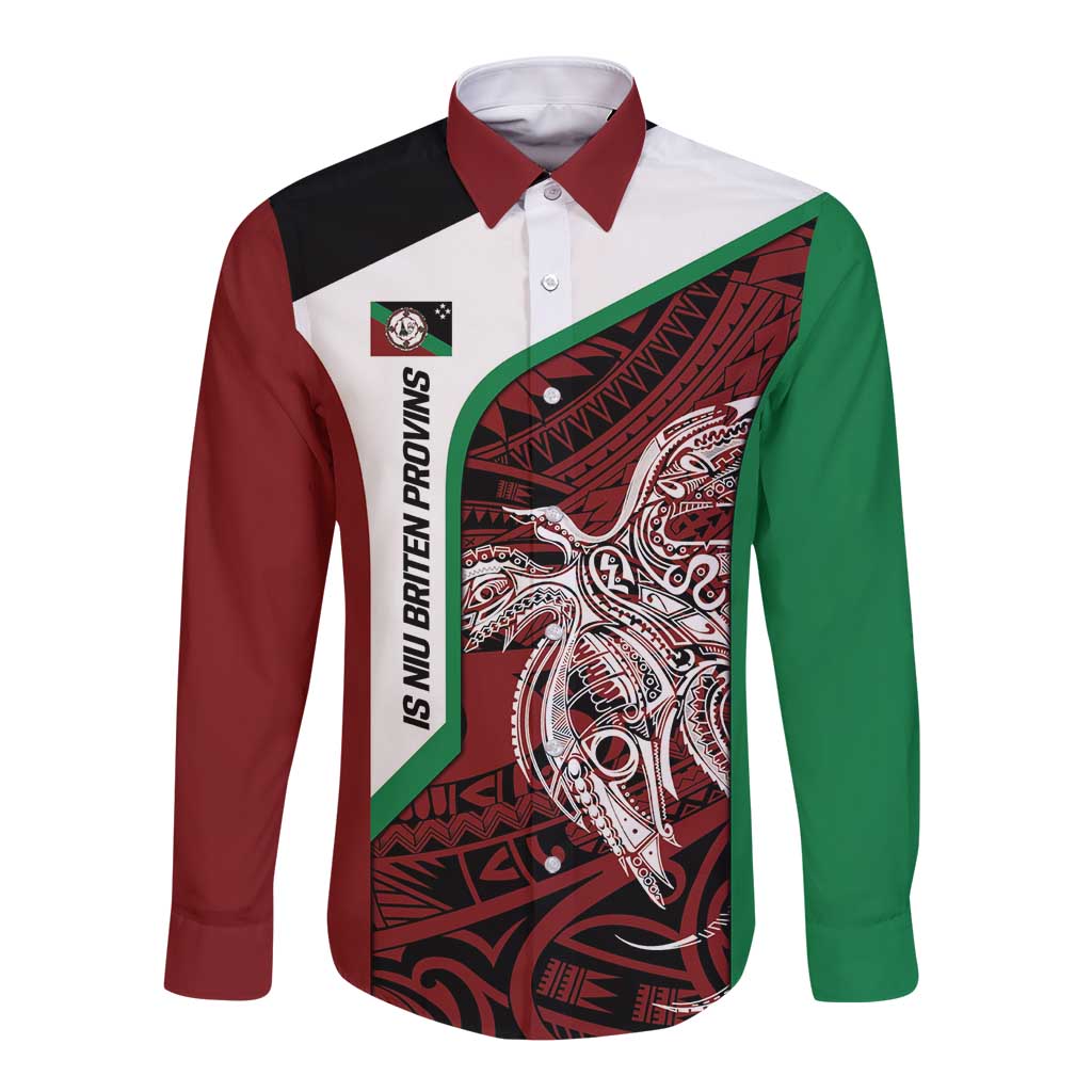 Personalised PNG East New Britain Province Long Sleeve Button Shirt Bird of Paradise Tattoo Flag Motif LT9 Unisex Green - Polynesian Pride