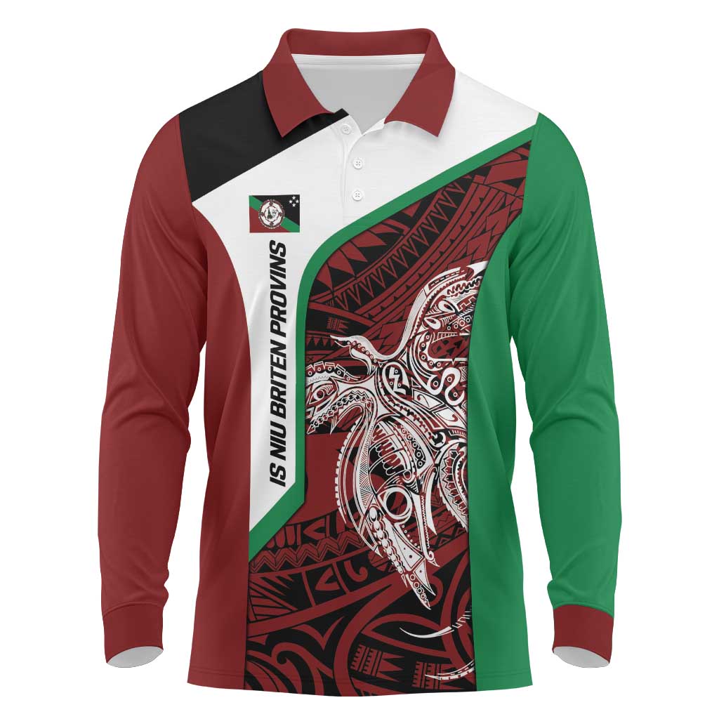 Personalised PNG East New Britain Province Long Sleeve Polo Shirt Bird of Paradise Tattoo Flag Motif LT9 Green - Polynesian Pride