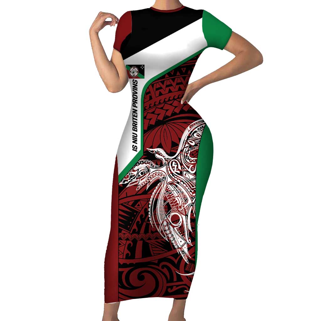 Personalised PNG East New Britain Province Short Sleeve Bodycon Dress Bird of Paradise Tattoo Flag Motif LT9 Long Dress Green - Polynesian Pride