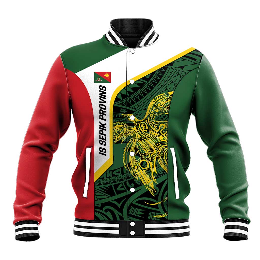Personalised PNG East Sepik Province Baseball Jacket Bird of Paradise Tattoo Flag Motif LT9 Unisex Green - Polynesian Pride