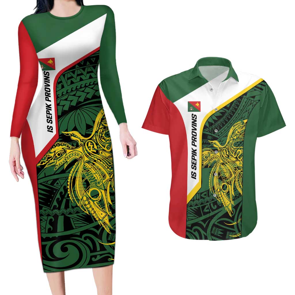 Personalised PNG East Sepik Province Couples Matching Long Sleeve Bodycon Dress and Hawaiian Shirt Bird of Paradise Tattoo Flag Motif LT9 Green - Polynesian Pride