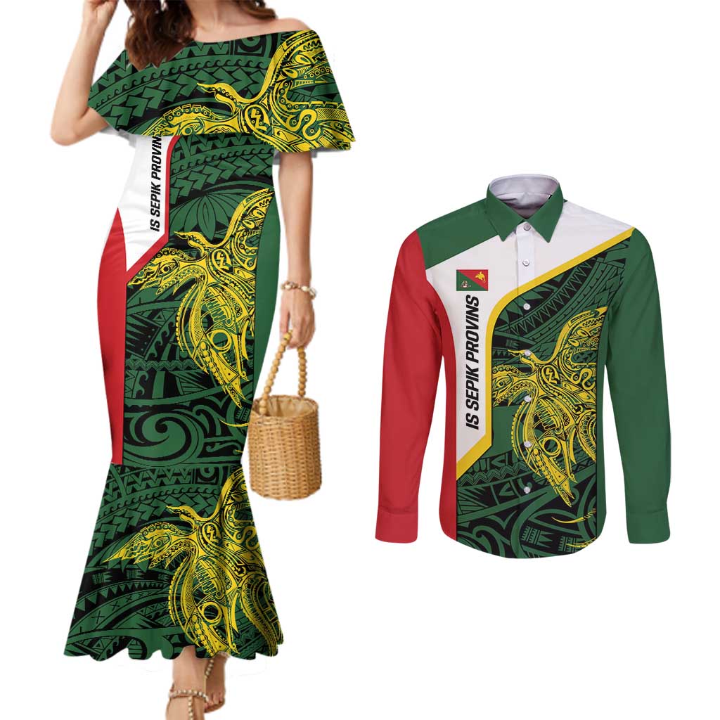 Personalised PNG East Sepik Province Couples Matching Mermaid Dress and Long Sleeve Button Shirt Bird of Paradise Tattoo Flag Motif - Polynesian Pride