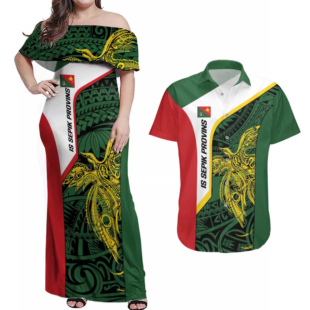 Personalised PNG East Sepik Province Couples Matching Off Shoulder Maxi Dress and Hawaiian Shirt Bird of Paradise Tattoo Flag Motif LT9 Green - Polynesian Pride