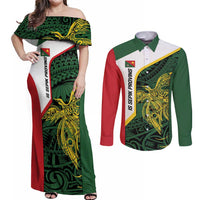 Personalised PNG East Sepik Province Couples Matching Off Shoulder Maxi Dress and Long Sleeve Button Shirt Bird of Paradise Tattoo Flag Motif LT9 Green - Polynesian Pride