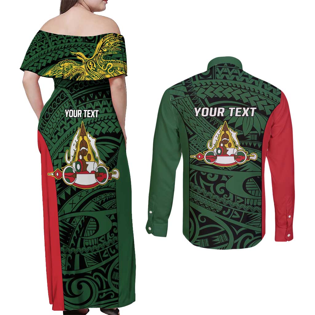 Personalised PNG East Sepik Province Couples Matching Off Shoulder Maxi Dress and Long Sleeve Button Shirt Bird of Paradise Tattoo Flag Motif LT9 - Polynesian Pride