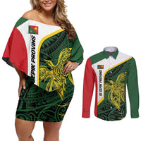 Personalised PNG East Sepik Province Couples Matching Off Shoulder Short Dress and Long Sleeve Button Shirt Bird of Paradise Tattoo Flag Motif LT9 Green - Polynesian Pride