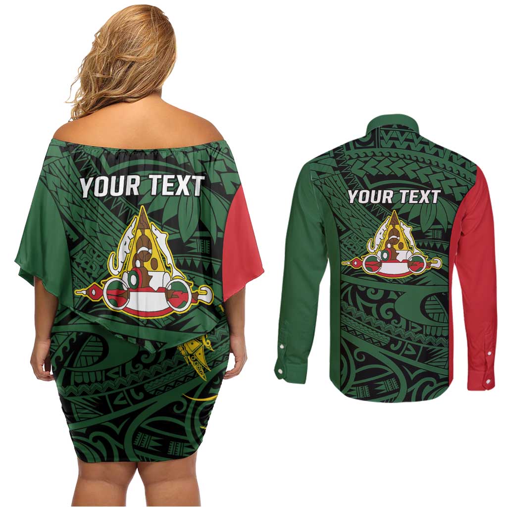 Personalised PNG East Sepik Province Couples Matching Off Shoulder Short Dress and Long Sleeve Button Shirt Bird of Paradise Tattoo Flag Motif LT9 - Polynesian Pride