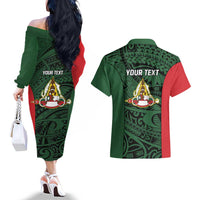 Personalised PNG East Sepik Province Couples Matching Off The Shoulder Long Sleeve Dress and Hawaiian Shirt Bird of Paradise Tattoo Flag Motif LT9 - Polynesian Pride