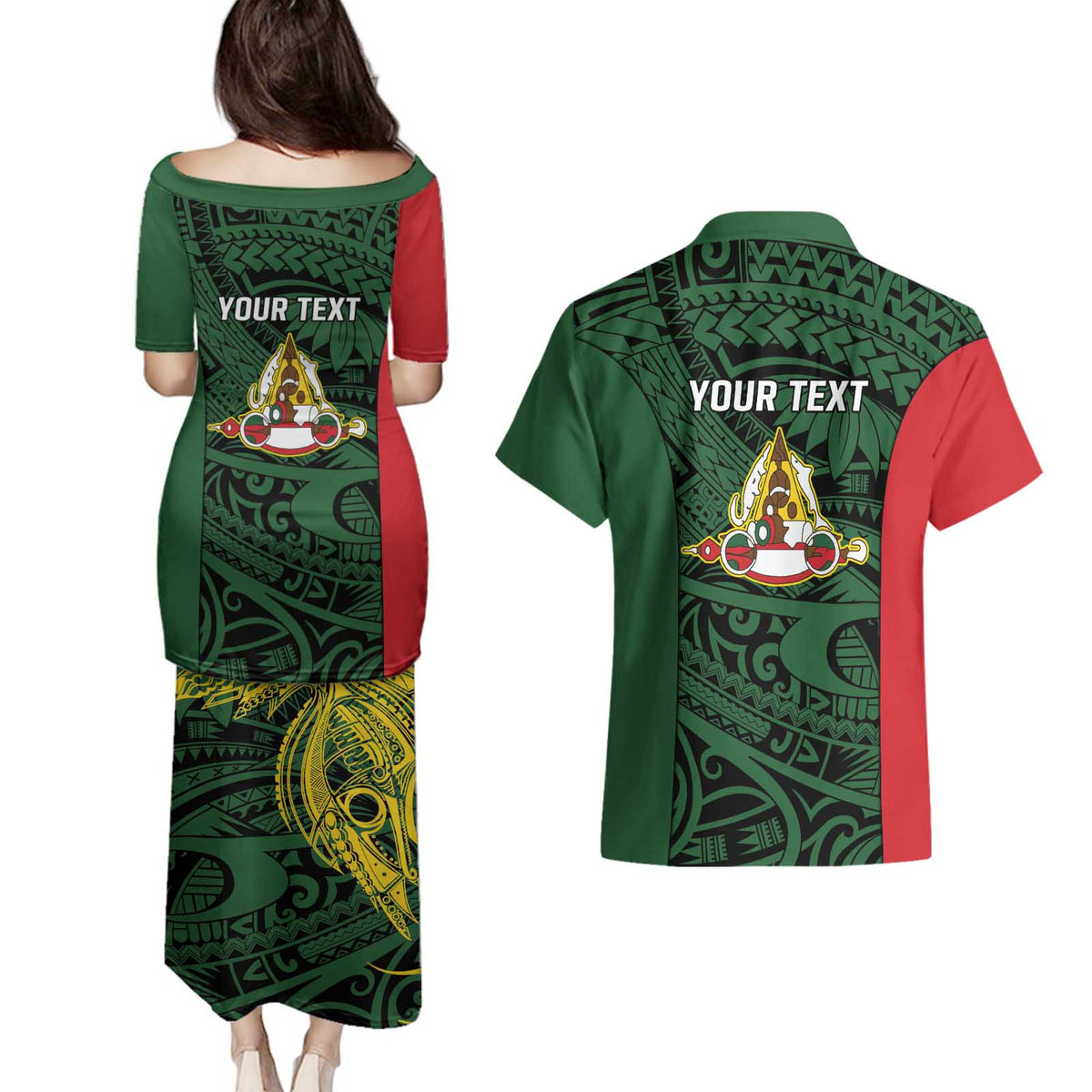 Personalised PNG East Sepik Province Couples Matching Puletasi and Hawaiian Shirt Bird of Paradise Tattoo Flag Motif LT9 - Polynesian Pride