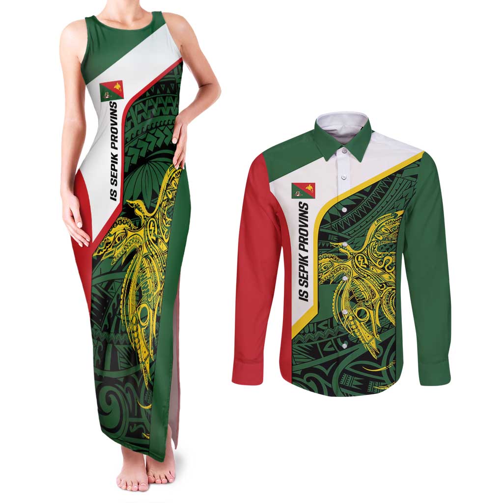 Personalised PNG East Sepik Province Couples Matching Tank Maxi Dress and Long Sleeve Button Shirt Bird of Paradise Tattoo Flag Motif LT9 Green - Polynesian Pride