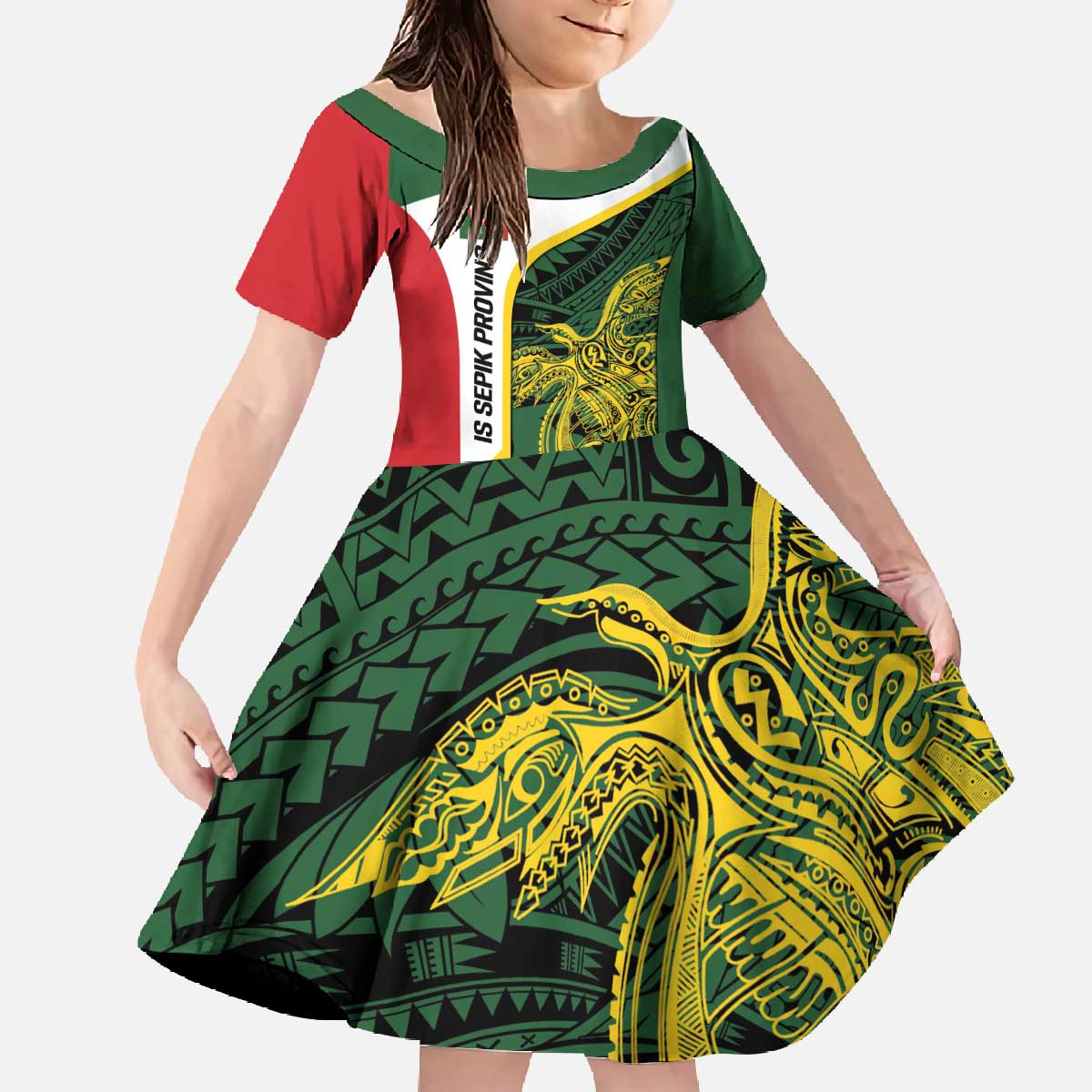 Personalised PNG East Sepik Province Family Matching Off The Shoulder Long Sleeve Dress and Hawaiian Shirt Bird of Paradise Tattoo Flag Motif LT9 Daughter's Dress Green - Polynesian Pride