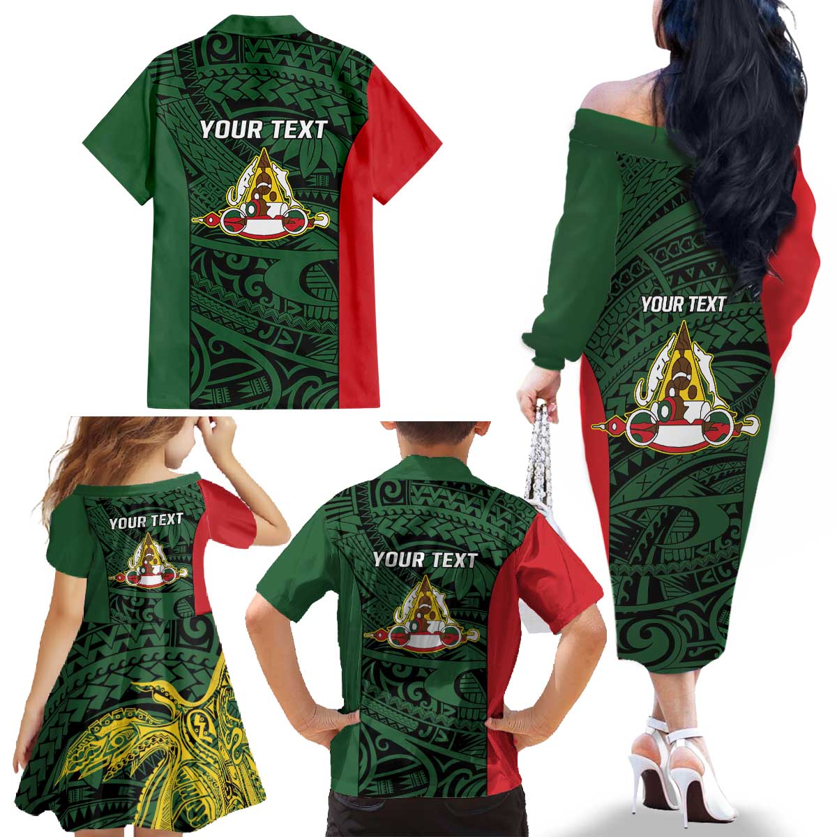 Personalised PNG East Sepik Province Family Matching Off The Shoulder Long Sleeve Dress and Hawaiian Shirt Bird of Paradise Tattoo Flag Motif LT9 - Polynesian Pride