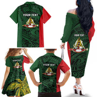 Personalised PNG East Sepik Province Family Matching Off The Shoulder Long Sleeve Dress and Hawaiian Shirt Bird of Paradise Tattoo Flag Motif LT9 - Polynesian Pride