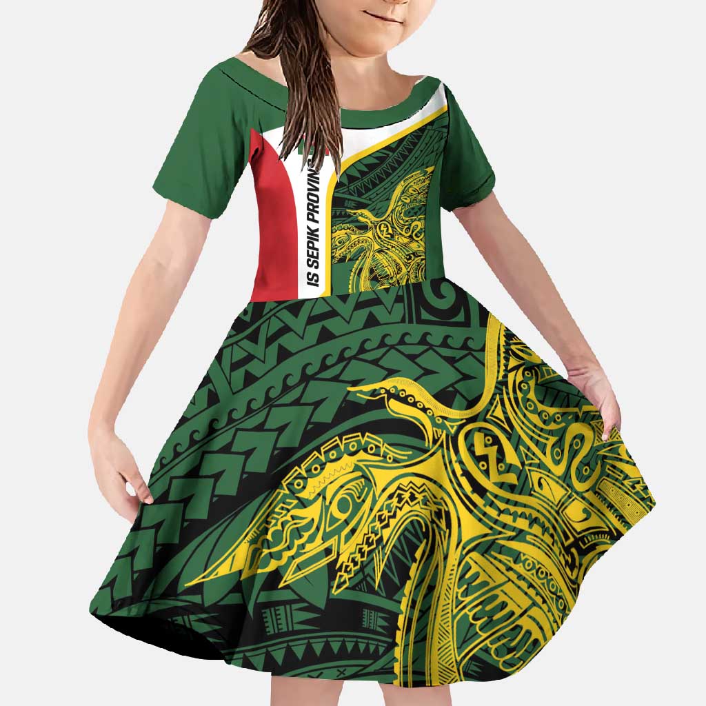 Personalised PNG East Sepik Province Family Matching Off Shoulder Maxi Dress and Hawaiian Shirt Bird of Paradise Tattoo Flag Motif LT9 Daughter's Dress Green - Polynesian Pride