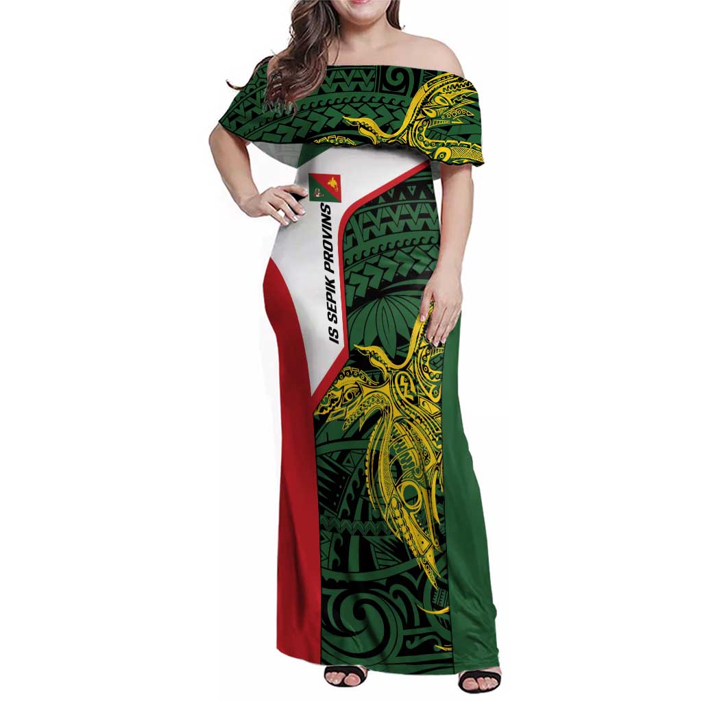 Personalised PNG East Sepik Province Family Matching Off Shoulder Maxi Dress and Hawaiian Shirt Bird of Paradise Tattoo Flag Motif LT9 Mom's Dress Green - Polynesian Pride