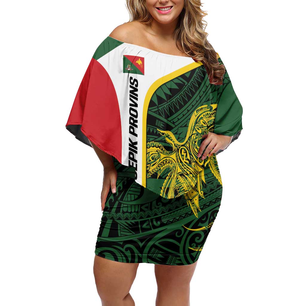 Personalised PNG East Sepik Province Family Matching Off Shoulder Short Dress and Hawaiian Shirt Bird of Paradise Tattoo Flag Motif LT9 Mom's Dress Green - Polynesian Pride