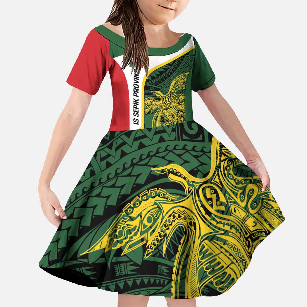 Personalised PNG East Sepik Province Family Matching Short Sleeve Bodycon Dress and Hawaiian Shirt Bird of Paradise Tattoo Flag Motif LT9 Daughter's Dress Green - Polynesian Pride