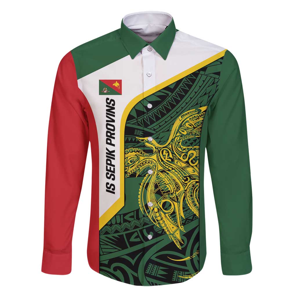 Personalised PNG East Sepik Province Family Matching Summer Maxi Dress and Hawaiian Shirt Bird of Paradise Tattoo Flag Motif LT9 Dad's Shirt - Long Sleeve Green - Polynesian Pride