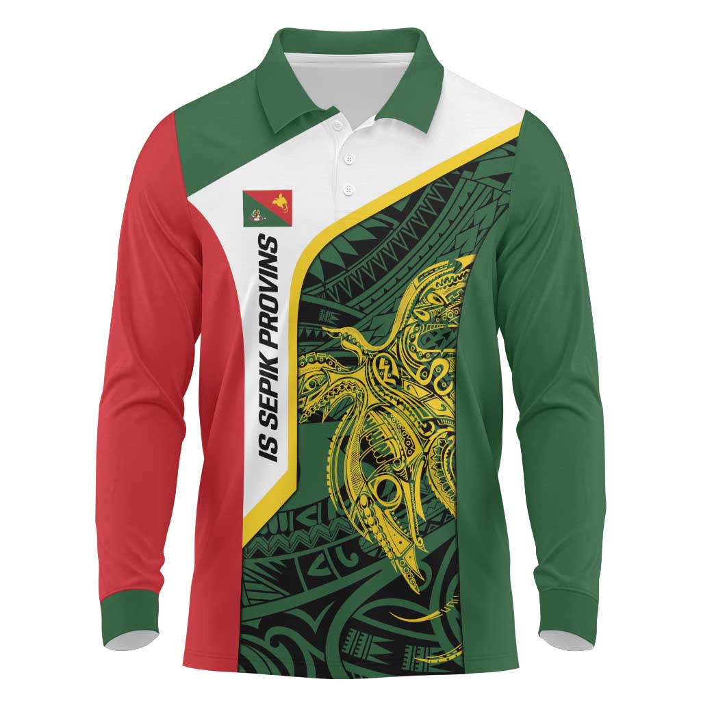 Personalised PNG East Sepik Province Long Sleeve Polo Shirt Bird of Paradise Tattoo Flag Motif - Polynesian Pride