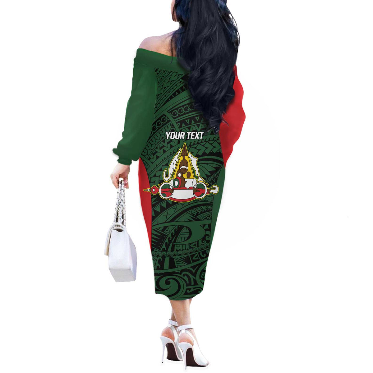 Personalised PNG East Sepik Province Off The Shoulder Long Sleeve Dress Bird of Paradise Tattoo Flag Motif LT9 - Polynesian Pride
