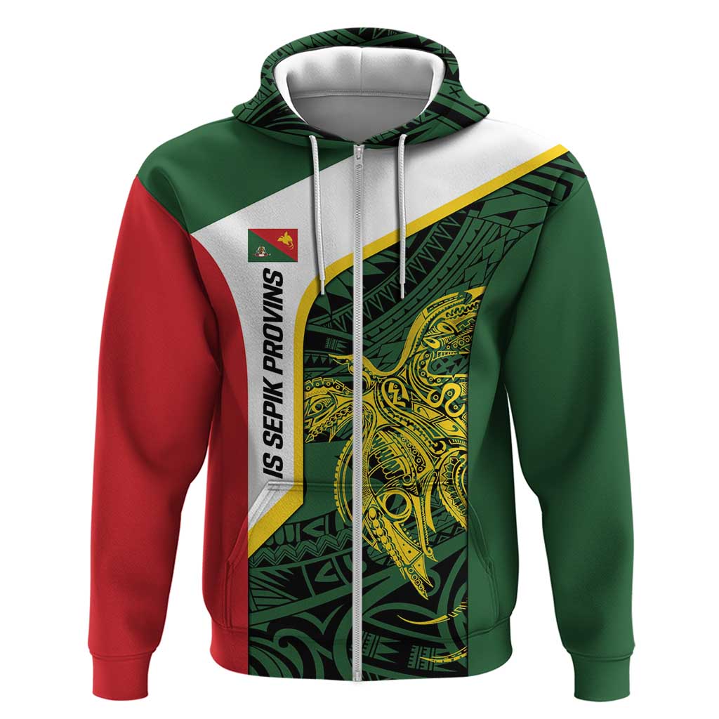 Personalised PNG East Sepik Province Zip Hoodie Bird of Paradise Tattoo Flag Motif LT9 Zip Hoodie Green - Polynesian Pride