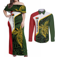 Personalised PNG Eastern Highlands Couples Matching Off Shoulder Maxi Dress and Long Sleeve Button Shirt Bird of Paradise Tattoo Flag Motif LT9 Green - Polynesian Pride