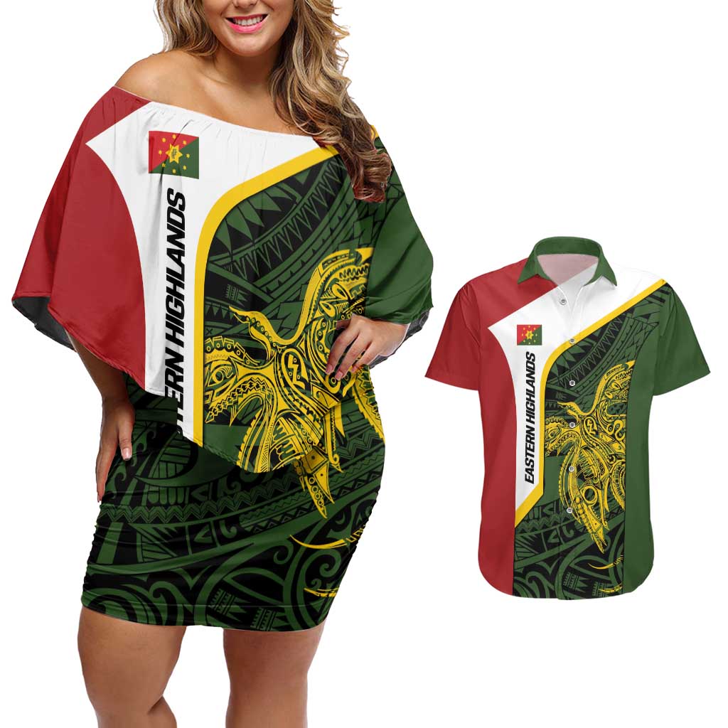 Personalised PNG Eastern Highlands Couples Matching Off Shoulder Short Dress and Hawaiian Shirt Bird of Paradise Tattoo Flag Motif LT9 Green - Polynesian Pride