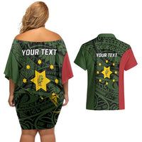 Personalised PNG Eastern Highlands Couples Matching Off Shoulder Short Dress and Hawaiian Shirt Bird of Paradise Tattoo Flag Motif LT9 - Polynesian Pride