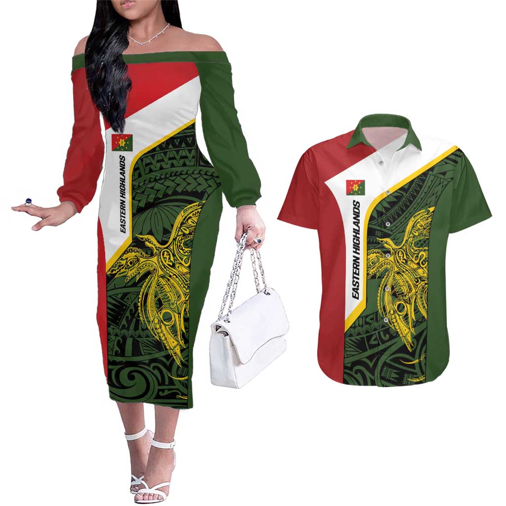 Personalised PNG Eastern Highlands Couples Matching Off The Shoulder Long Sleeve Dress and Hawaiian Shirt Bird of Paradise Tattoo Flag Motif - Polynesian Pride