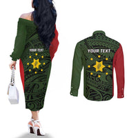 Personalised PNG Eastern Highlands Couples Matching Off The Shoulder Long Sleeve Dress and Long Sleeve Button Shirt Bird of Paradise Tattoo Flag Motif LT9 - Polynesian Pride