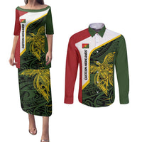 Personalised PNG Eastern Highlands Couples Matching Puletasi and Long Sleeve Button Shirt Bird of Paradise Tattoo Flag Motif LT9 Green - Polynesian Pride