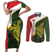Personalised PNG Eastern Highlands Couples Matching Short Sleeve Bodycon Dress and Long Sleeve Button Shirt Bird of Paradise Tattoo Flag Motif LT9 Green - Polynesian Pride