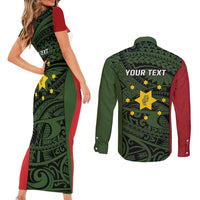 Personalised PNG Eastern Highlands Couples Matching Short Sleeve Bodycon Dress and Long Sleeve Button Shirt Bird of Paradise Tattoo Flag Motif LT9 - Polynesian Pride