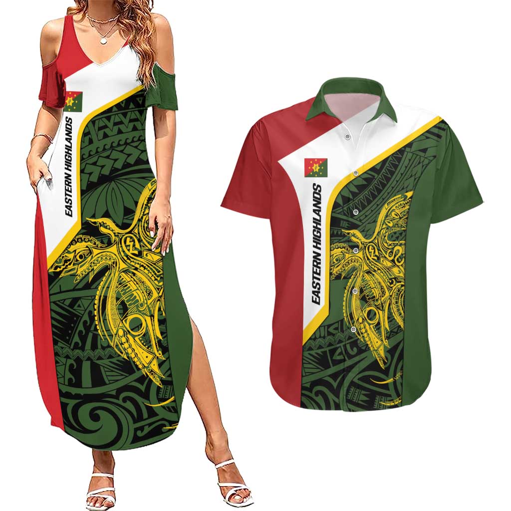 Personalised PNG Eastern Highlands Couples Matching Summer Maxi Dress and Hawaiian Shirt Bird of Paradise Tattoo Flag Motif LT9 Green - Polynesian Pride