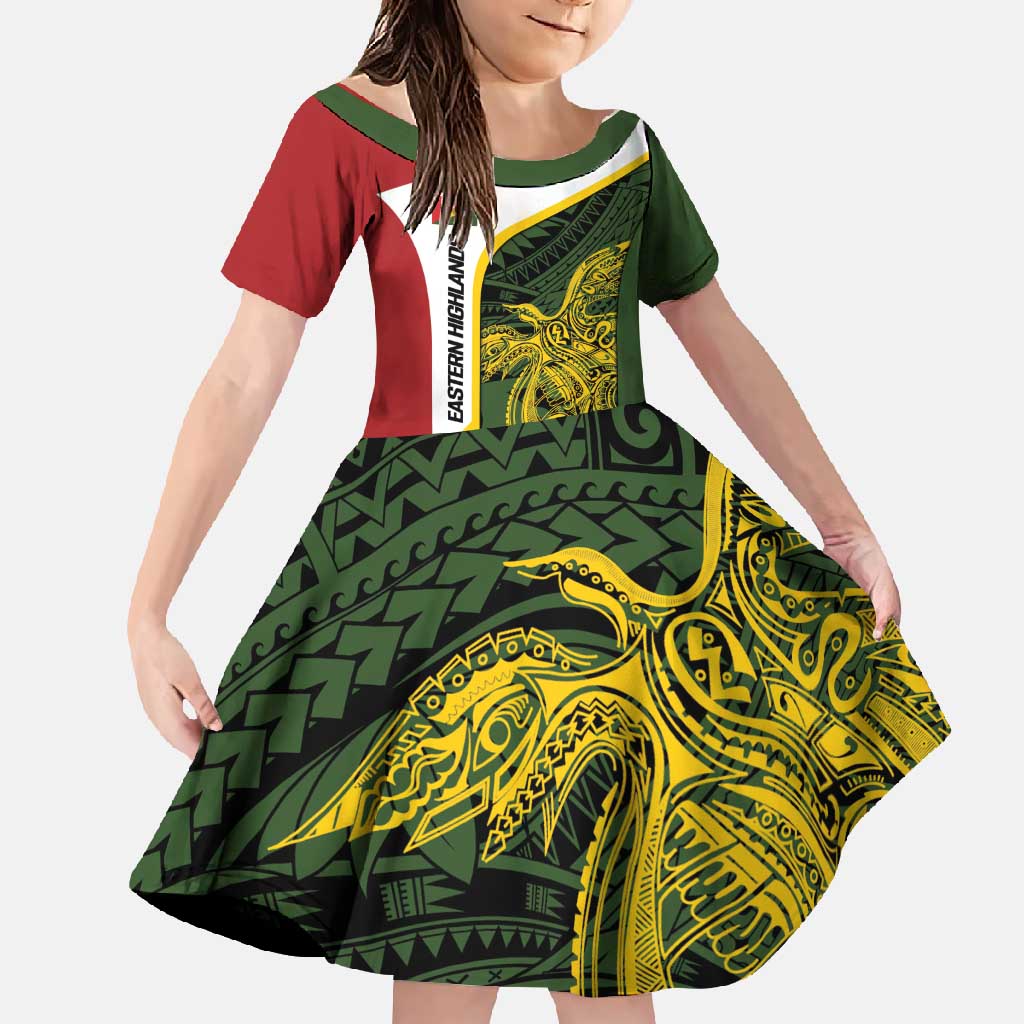 Personalised PNG Eastern Highlands Family Matching Long Sleeve Bodycon Dress and Hawaiian Shirt Bird of Paradise Tattoo Flag Motif LT9 Daughter's Dress Green - Polynesian Pride