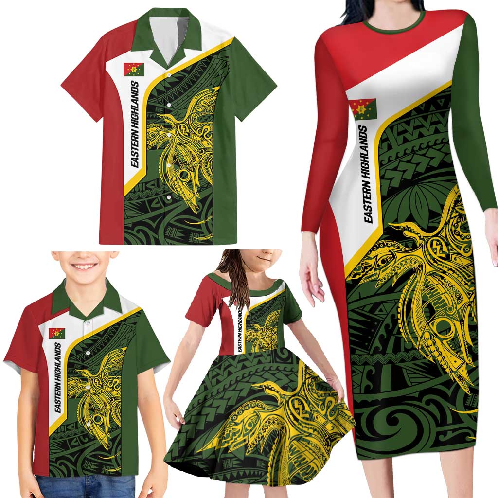 Personalised PNG Eastern Highlands Family Matching Long Sleeve Bodycon Dress and Hawaiian Shirt Bird of Paradise Tattoo Flag Motif LT9 - Polynesian Pride