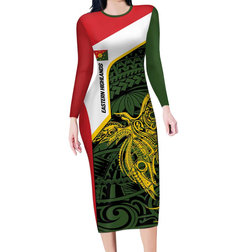 Personalised PNG Eastern Highlands Family Matching Long Sleeve Bodycon Dress and Hawaiian Shirt Bird of Paradise Tattoo Flag Motif LT9 Mom's Dress Green - Polynesian Pride