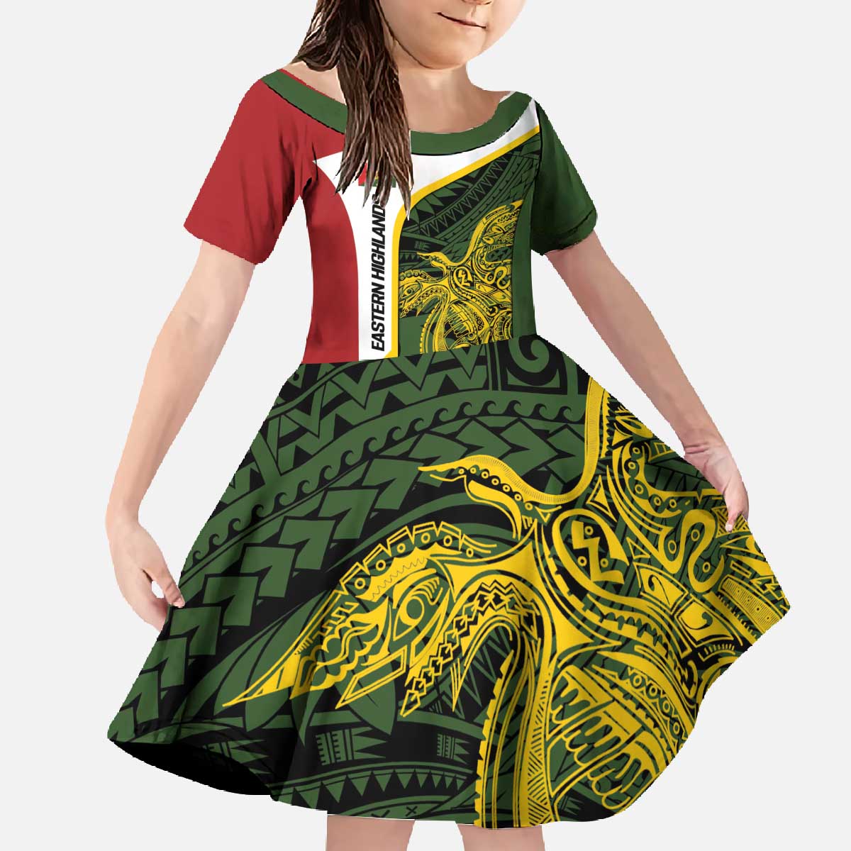 Personalised PNG Eastern Highlands Family Matching Off The Shoulder Long Sleeve Dress and Hawaiian Shirt Bird of Paradise Tattoo Flag Motif LT9 Daughter's Dress Green - Polynesian Pride
