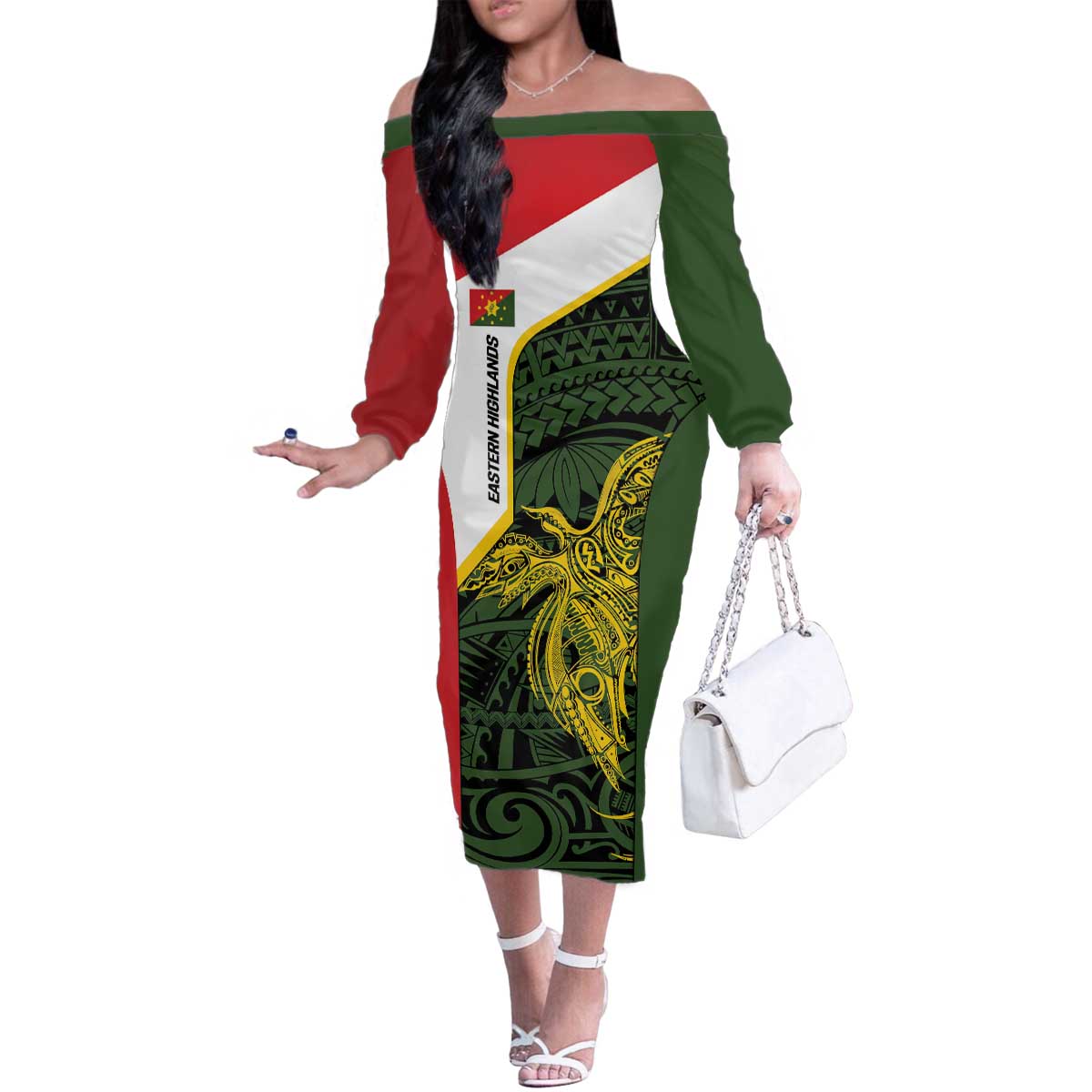 Personalised PNG Eastern Highlands Family Matching Off The Shoulder Long Sleeve Dress and Hawaiian Shirt Bird of Paradise Tattoo Flag Motif LT9 Mom's Dress Green - Polynesian Pride