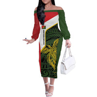 Personalised PNG Eastern Highlands Family Matching Off The Shoulder Long Sleeve Dress and Hawaiian Shirt Bird of Paradise Tattoo Flag Motif LT9 Mom's Dress Green - Polynesian Pride