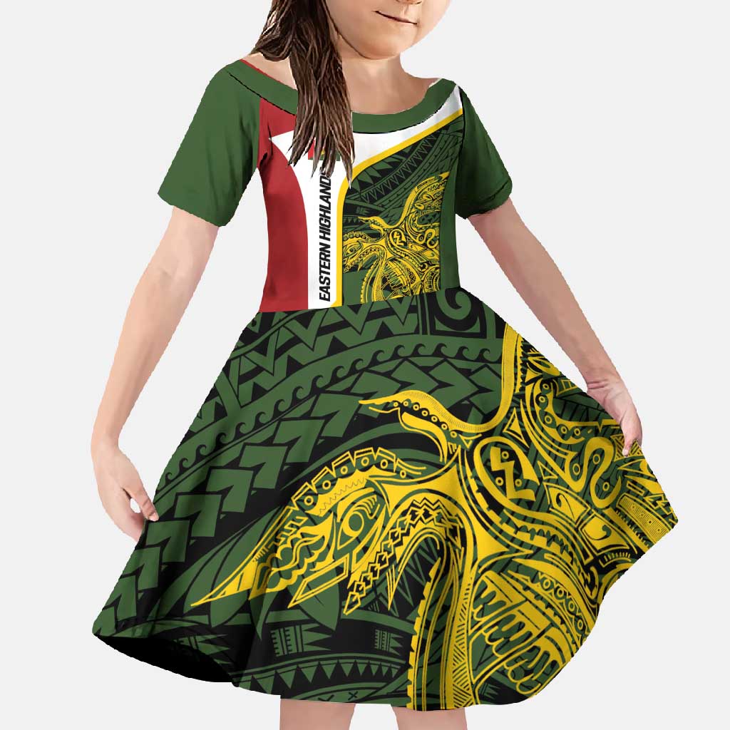Personalised PNG Eastern Highlands Family Matching Off Shoulder Maxi Dress and Hawaiian Shirt Bird of Paradise Tattoo Flag Motif LT9 Daughter's Dress Green - Polynesian Pride