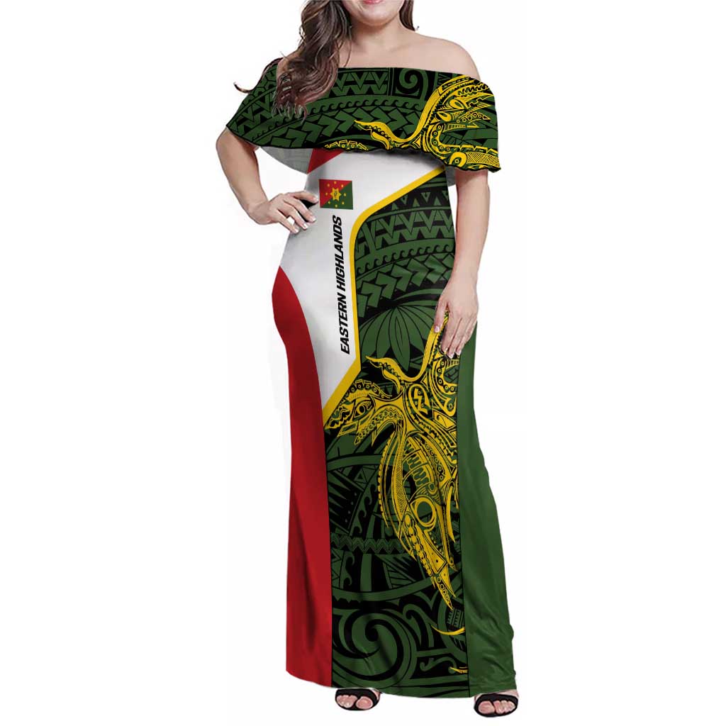 Personalised PNG Eastern Highlands Family Matching Off Shoulder Maxi Dress and Hawaiian Shirt Bird of Paradise Tattoo Flag Motif LT9 Mom's Dress Green - Polynesian Pride