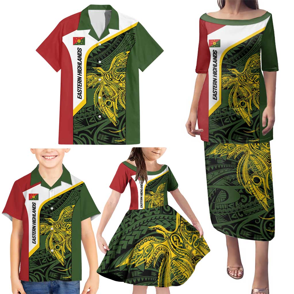 Personalised PNG Eastern Highlands Family Matching Puletasi and Hawaiian Shirt Bird of Paradise Tattoo Flag Motif LT9 - Polynesian Pride