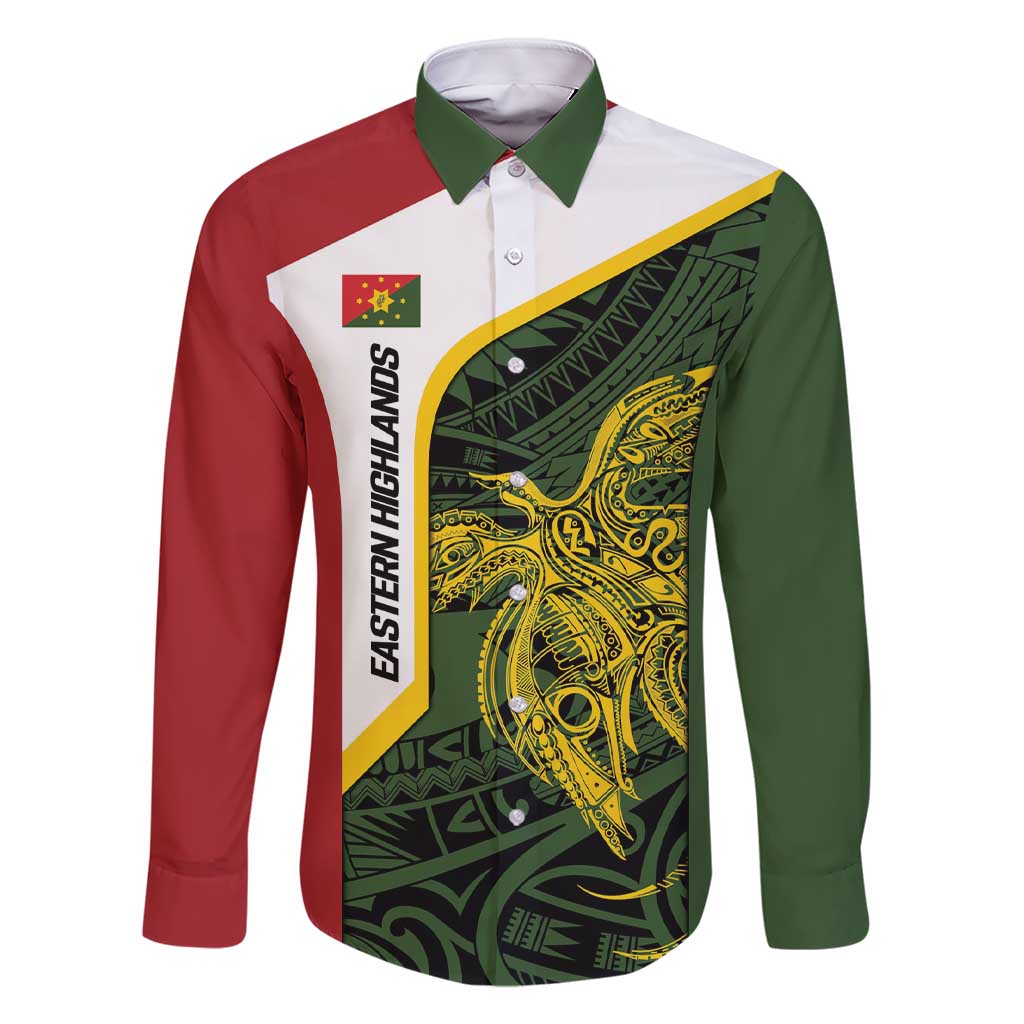 Personalised PNG Eastern Highlands Family Matching Short Sleeve Bodycon Dress and Hawaiian Shirt Bird of Paradise Tattoo Flag Motif LT9 Dad's Shirt - Long Sleeve Green - Polynesian Pride