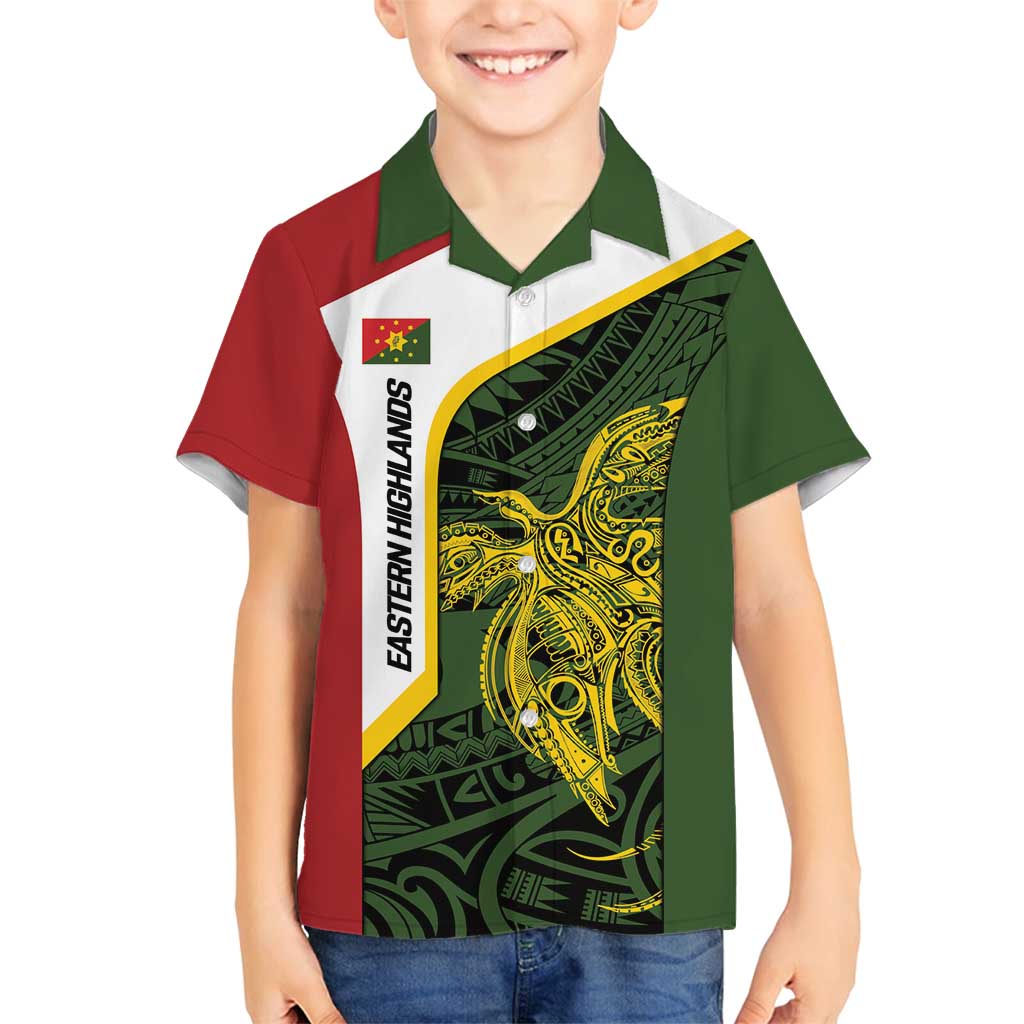 Personalised PNG Eastern Highlands Family Matching Tank Maxi Dress and Hawaiian Shirt Bird of Paradise Tattoo Flag Motif LT9 Son's Shirt Green - Polynesian Pride
