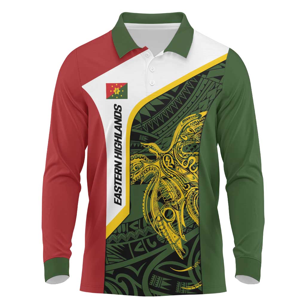 Personalised PNG Eastern Highlands Long Sleeve Polo Shirt Bird of Paradise Tattoo Flag Motif LT9 Green - Polynesian Pride