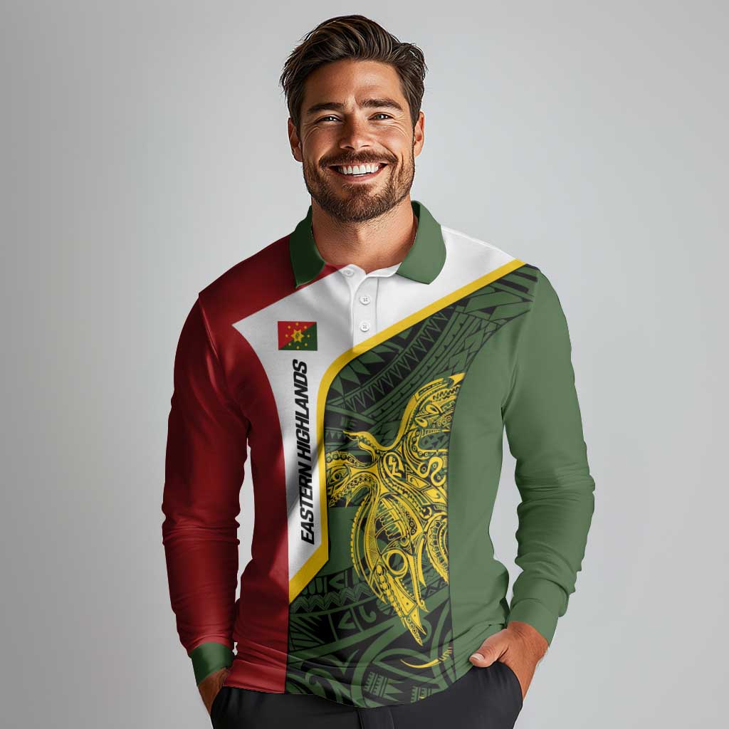 Personalised PNG Eastern Highlands Long Sleeve Polo Shirt Bird of Paradise Tattoo Flag Motif LT9 - Polynesian Pride