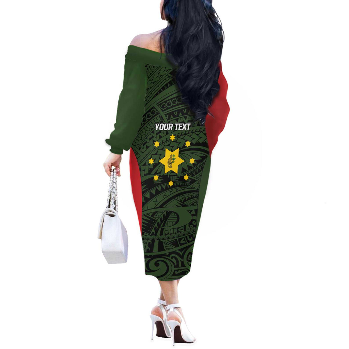 Personalised PNG Eastern Highlands Off The Shoulder Long Sleeve Dress Bird of Paradise Tattoo Flag Motif LT9 - Polynesian Pride